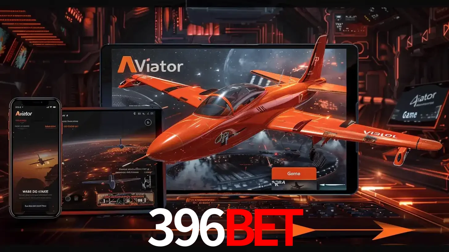 Apresentação tecnológica do jogo Aviator com um avião saindo da tela de um tablet, demonstrando a experiência imersiva em múltiplos dispositivos no 396bet.