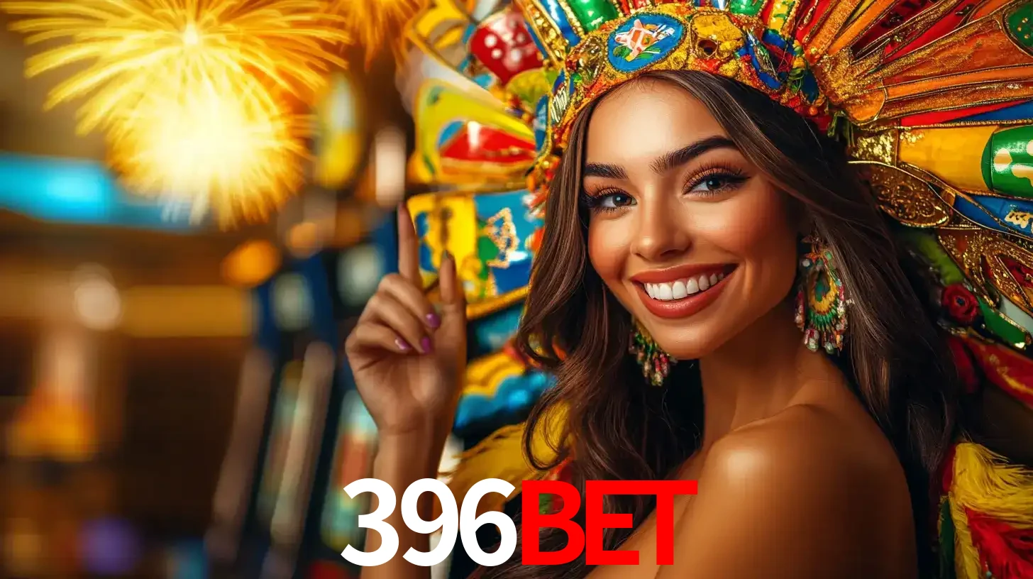 Mulher sorridente com um cocar de carnaval vibrante e colorido, celebrando uma grande vitória nos jogos do cassino 396bet com fogos de artifício ao fundo.