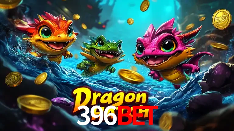 Arte promocional do jogo Dragon Hatch com três adoráveis dragões bebês nadando entre moedas de ouro, um dos slots mais divertidos para jogar no cassino 396bet.