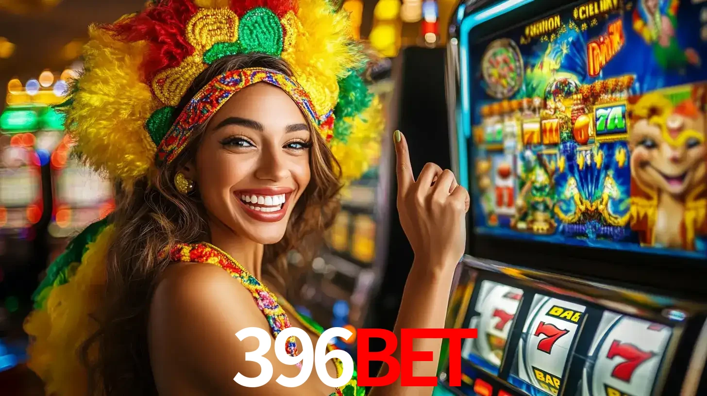 Mulher animada com um cocar de carnaval apontando para uma máquina de caça-níqueis, mostrando a emoção de ganhar um grande prêmio nos jogos do 396bet.