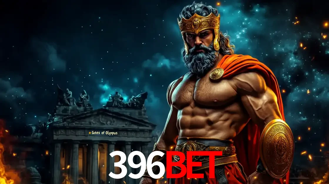 O poderoso Zeus do jogo de slot Gates of Olympus em frente ao seu templo, pronto para lançar multiplicadores divinos e prêmios épicos no cassino online 396bet.