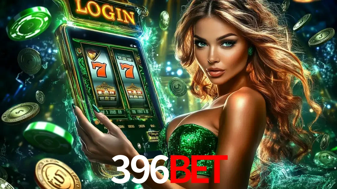 Mulher com tema verde apresentando o aplicativo do cassino 396bet com um jogo de slot de 777, cercada por fichas de cassino e uma aura de sorte.