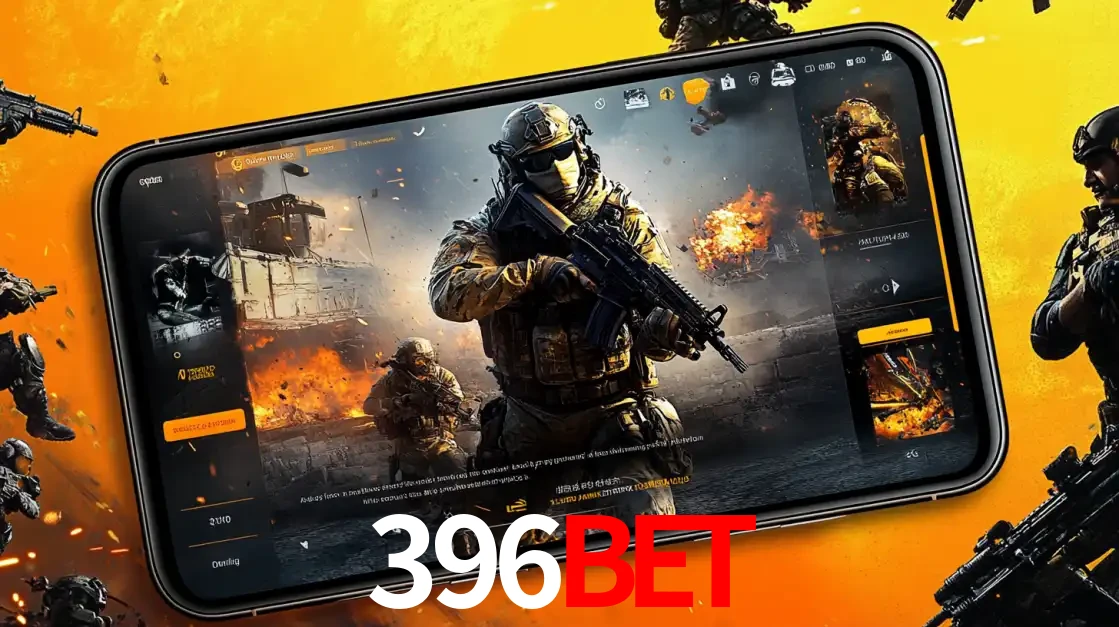 Um smartphone exibindo a interface de um jogo de tiro em primeira pessoa, com um soldado em um cenário de batalha, representando a ação dos e-sports para apostar no 396bet.