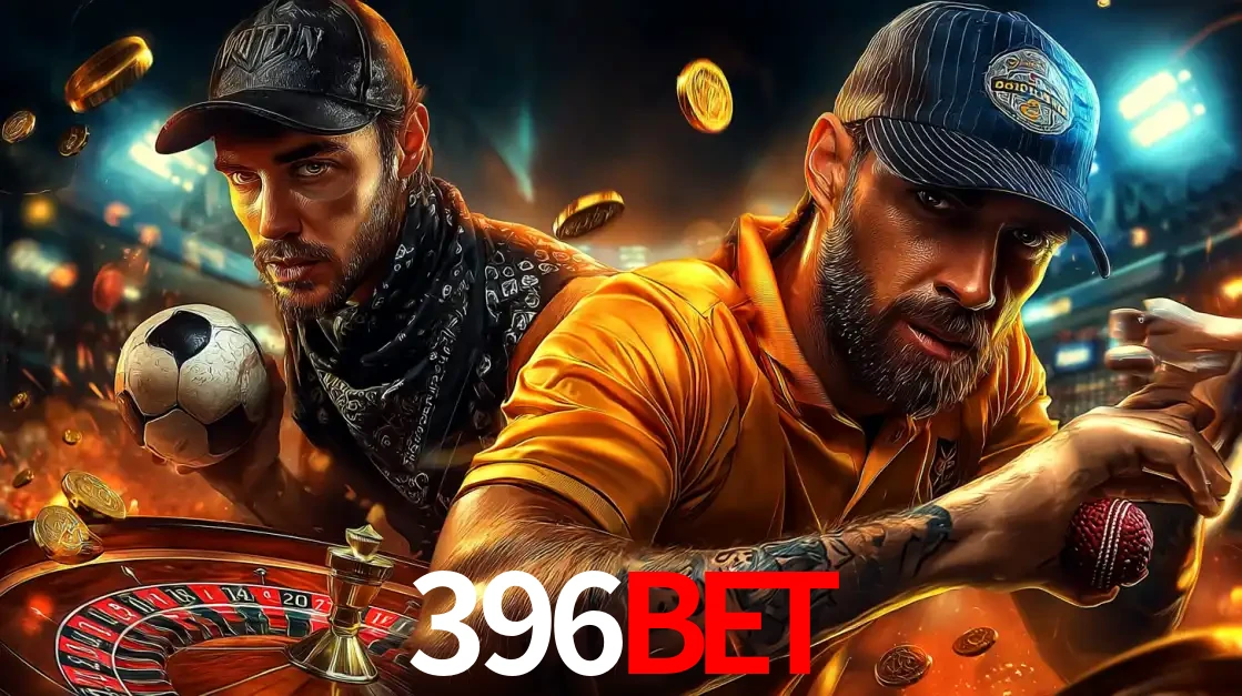 Montagem de apostas esportivas e cassino no 396bet, com um homem segurando uma bola de futebol e outro uma de beisebol sobre uma roleta e moedas voadoras.