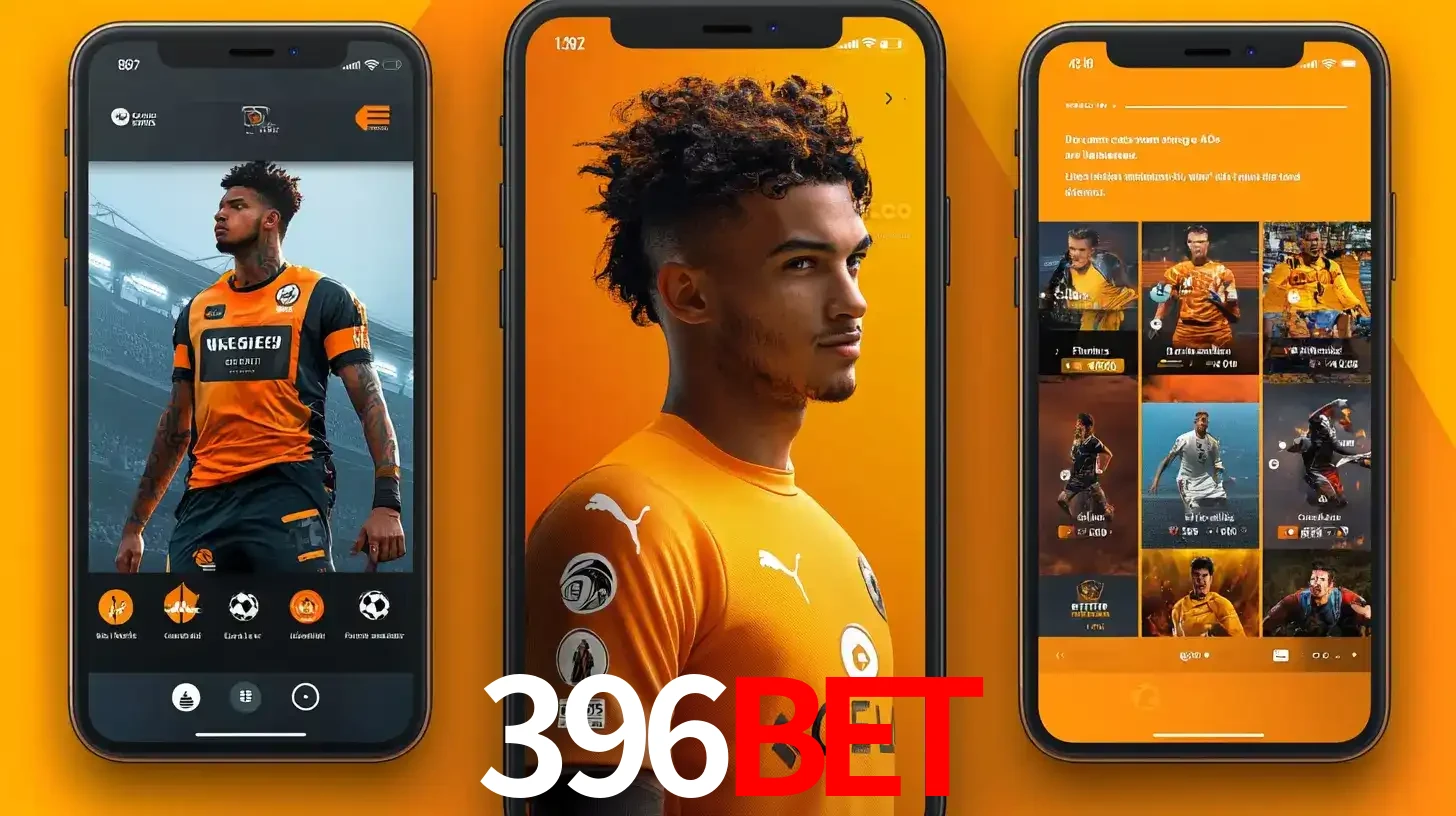 Interface do aplicativo de apostas esportivas 396bet em três telas de celular, mostrando o perfil de um jogador de futebol e a lista de jogos disponíveis para apostar.