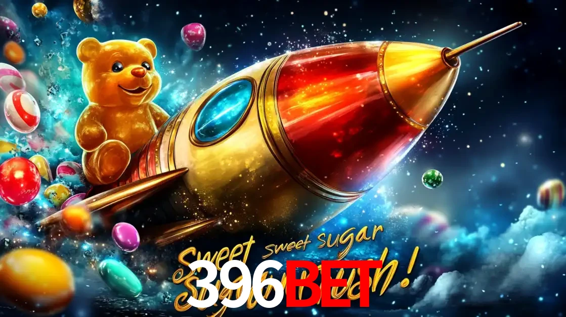 Arte promocional do jogo de slot Sugar Rush, com um urso de pelúcia em um foguete viajando pelo espaço de doces, um dos jogos divertidos disponíveis no cassino 396bet.