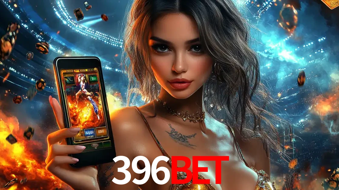 Mulher segurando um celular com um jogo de slot em destaque, tendo como fundo um estádio vibrante, simbolizando a emoção de jogar no cassino móvel 396bet.