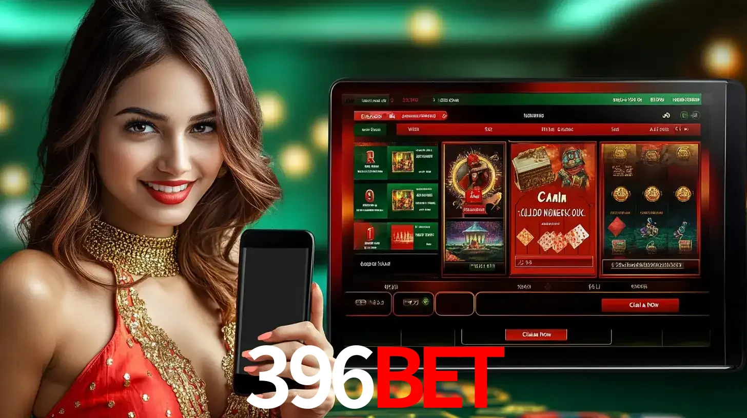 Mulher sorridente segurando um smartphone, ao lado de uma tela exibindo o lobby de jogos do cassino online 396bet, com várias opções de jogos de cartas e slots.